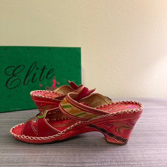 Elite By Corkys Womens Red Floral Leather Wedge Sandals Size 9 NIB - Picture 7 of 9